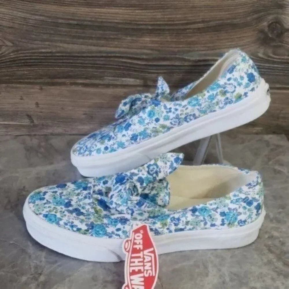 New Vans‎ Authentic Knot Ditsy Floral Blue White Slip On Sneakers - Picture 2 of 9